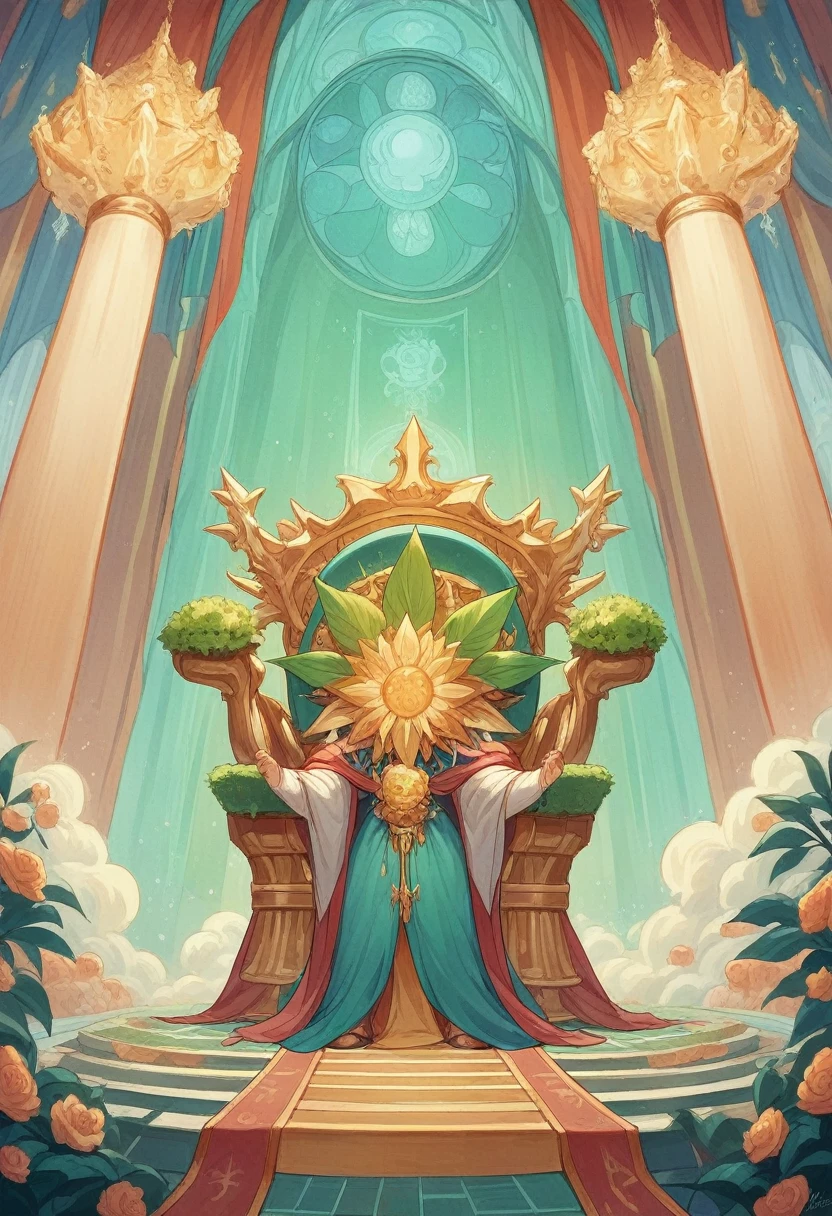 show 2 people, a jade Emperor seated on a magnificent golden throne in the heavenly realm looks down to a young farmer who is in simple clothing stands respectfully before him . Surround them with vibrant celestial flora under a soft, golden light, symbolizing the sacred nature of the encounter.