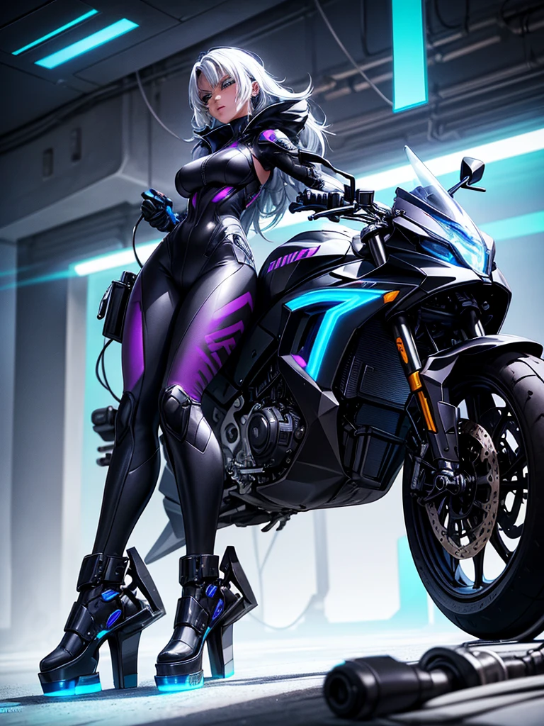 A stunning black woman in a post-apocalyptic cyberpunk environment. She is standing next to a futuristic motorbike, imposing and full of technological details. The woman has rich, deep skin, with ebony tones that shine under the scene&#39;s neon lighting. Her hair is a bold combination of dreadlocks and braids., adorned with metallic threads and small LEDs that blink softly, reflecting the surrounding colored lights.

His face is sculpted with strong, elegant features., highlighting piercing eyes that glow with a cyber-blue intensity. She wears metallic makeup, with silver shadows and lips painted an intense purple, adding a touch of mystery and power.

His athletic body is encased in a futuristic combat suit, made of synthetic and metallic materials. The outfit is a combination of black, silver and neon blue, with details that suggest high technology, such as embedded circuits and light panels. Armor plates protect your shoulders, arms and legs, while cables and wires connect to devices on your body, indicating a perfect fusion between human and machine.

The bike next to you is a masterpiece of futuristic engineering, with an aerodynamic and aggressive design. The wheels are large and without spokes, glowing a neon blue that matches the details of the woman&#39;s outfit. The body of the bike is matte black, with chrome accents and panels that display internal circuits and components. Pulsating LED lights run through the entire structure of the bike, giving a lively and dynamic appearance.