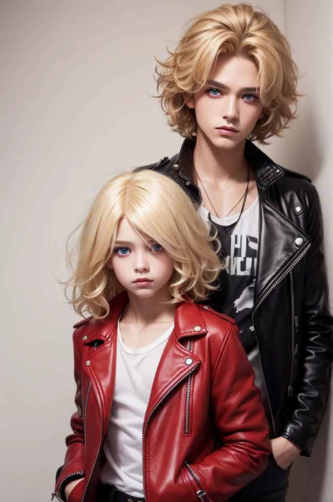 Create a blonde boy with red eyes and a frizzy look with a leather jacket
