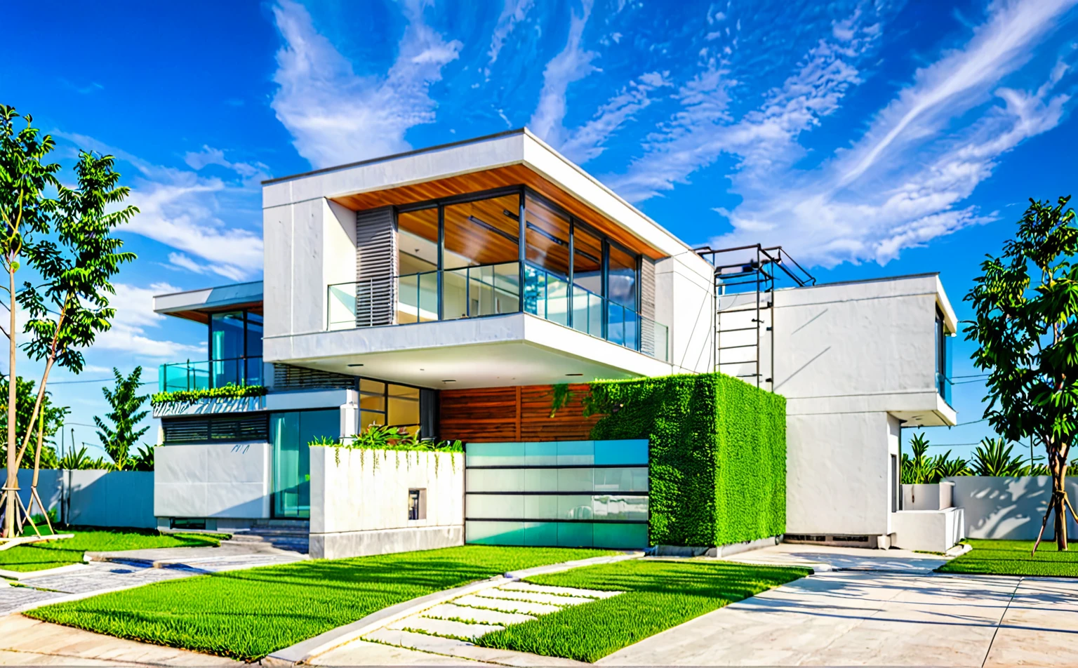 Raw photo, Masterpiece, high quality, best quality, authentic, super detail, outdoors, house style modern, white wall, glass windows, minimalist line, grass, trees, blue sky, morning daylight, vivid color,