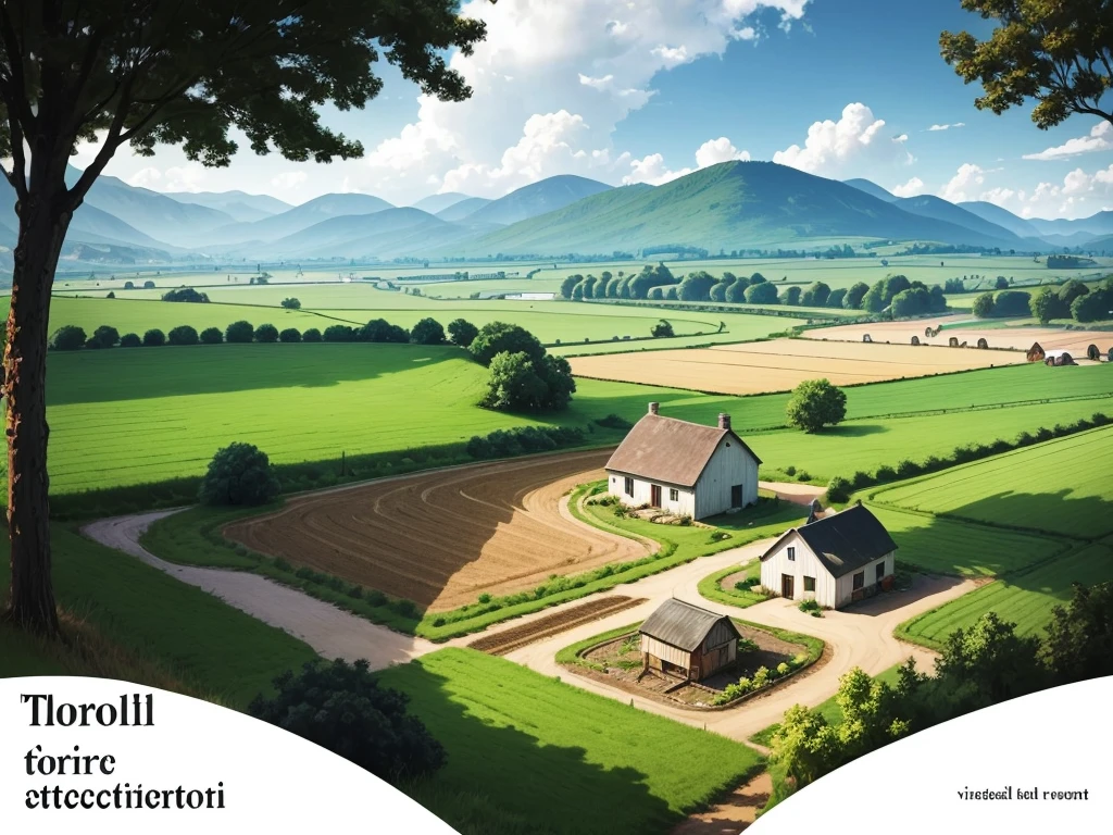 "Illustration of a farm scene with a windmill on the left, barn on right, hills in the middle, cloud, the sun smiled, and rainbows in the sky. In front of, there are sheep in the pen, cow, chicken with three chicks, and the chicken near the egg. Vegetables (carrot, good), Barrow, seed bag/fertilizer, sunflower, the Apple tree, and irrigation canals are also visible. This rural atmosphere is educational and fun."