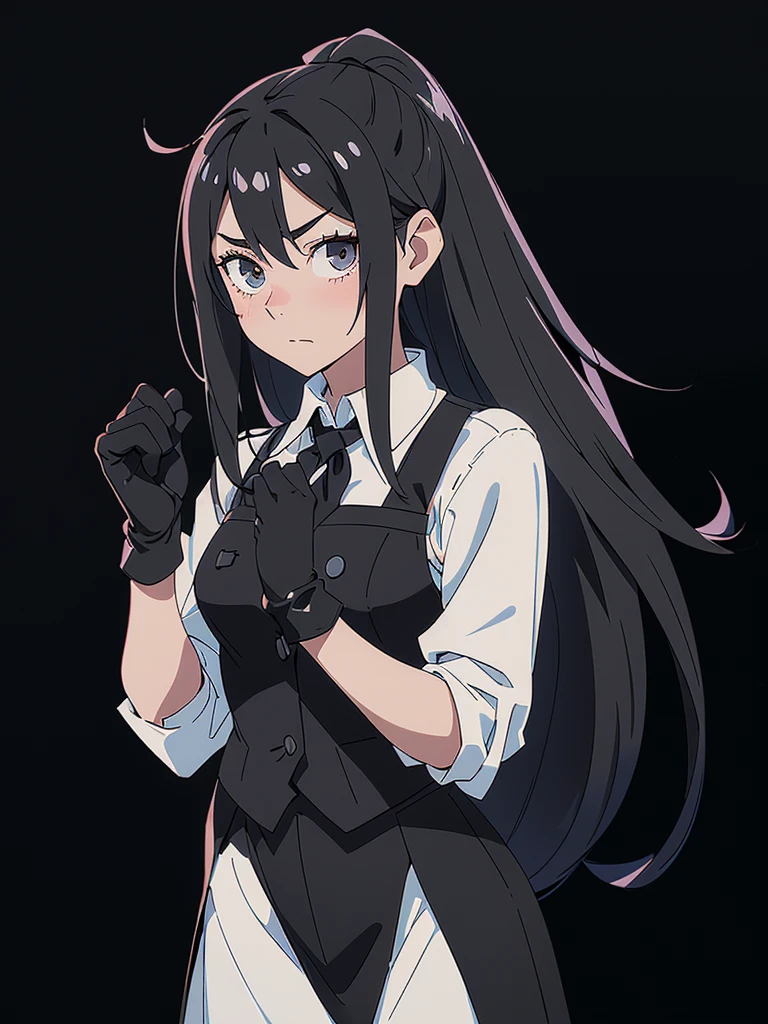 ((black hair)),((Head and Shoulders Image)),(super-long hair),Sexy,A person,Alone,Simple style,pancake ,Simple details,Black background,Empty background,Black background wall,(16 year old woman),(Cotehardie),(White Gloves),Lace Shirt,Waistcoat,((Shy))