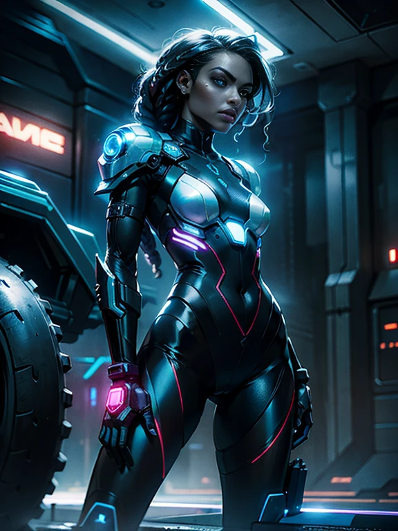 A striking black woman in a post-apocalyptic cyberpunk environment. She is standing next to a futuristic motorcycle, imposing and full of technological details. The woman has rich, deep skin, with ebony tones that glow under the scene's neon lighting. Her hair is a bold combination of dreadlocks and braids, adorned with metallic threads and small LEDs that blink softly, reflecting the colorful lights of the surroundings. His face is sculpted with strong, elegant features, highlighting piercing eyes that glow with a cyber-blue intensity. She wears metallic makeup, with silver shadows and lips painted an intense purple, adding a touch of mystery and power. His athletic body is encased in a futuristic combat suit made from synthetic and metallic materials. The outfit is a combination of black, silver and neon blue, with details that suggest high technology, such as embedded circuits and light panels. Plates of armor protect his shoulders, arms, and legs, while cables and wires connect to devices on his body, indicating a perfect fusion between human and machine. The bike next to you is a masterpiece of futuristic engineering, with an aggressive, aerodynamic design. The wheels are large and spokeless, glowing a neon blue that matches the details of the woman's outfit. The body of the bike is matte black, with chrome details and panels that display internal circuits and components. Pulsating LED lights run throughout the bike's structure, giving it a lively, dynamic appearance.