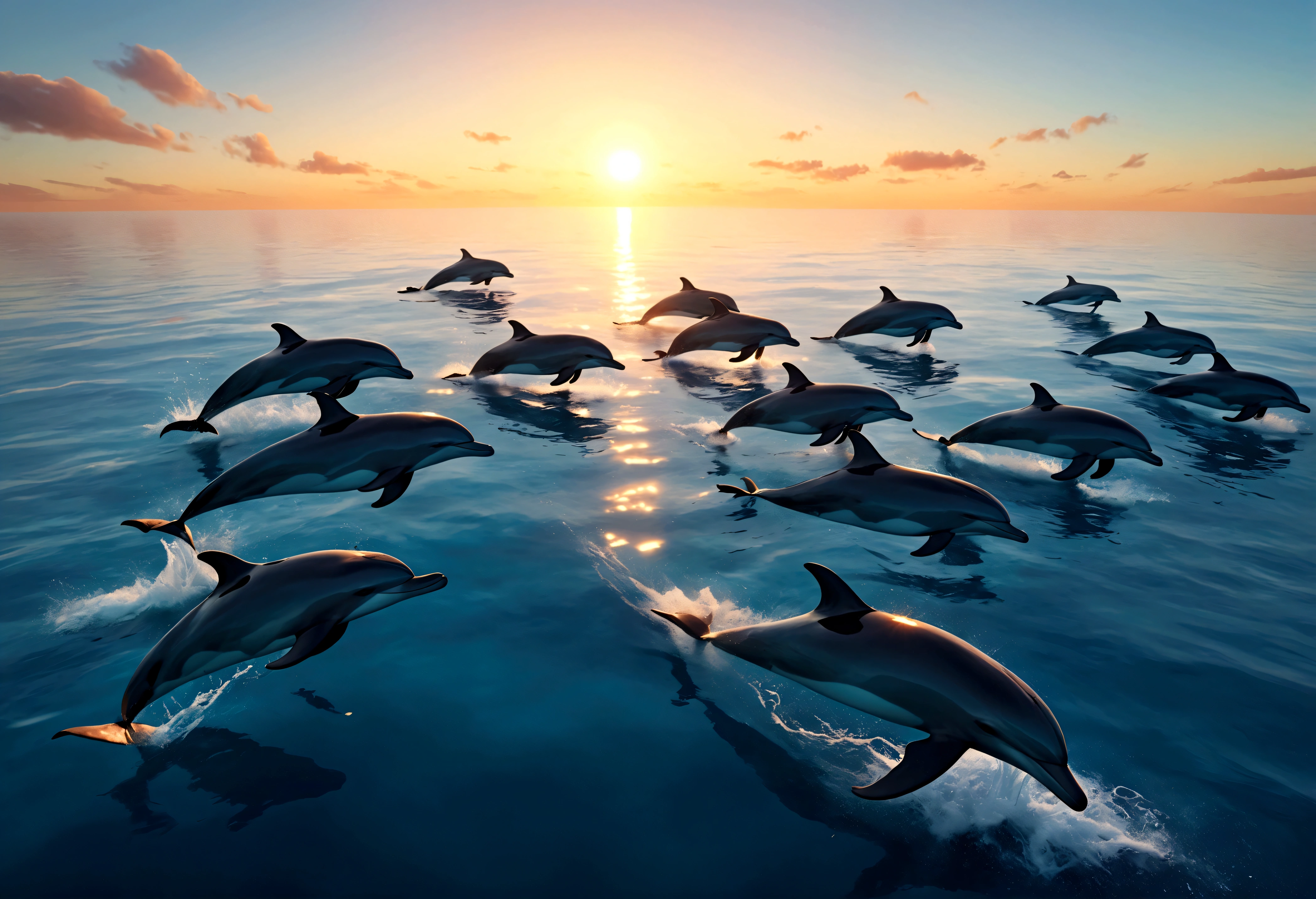 A pod of dolphins are playing near the surface of the ocean at sunrise, pixar style