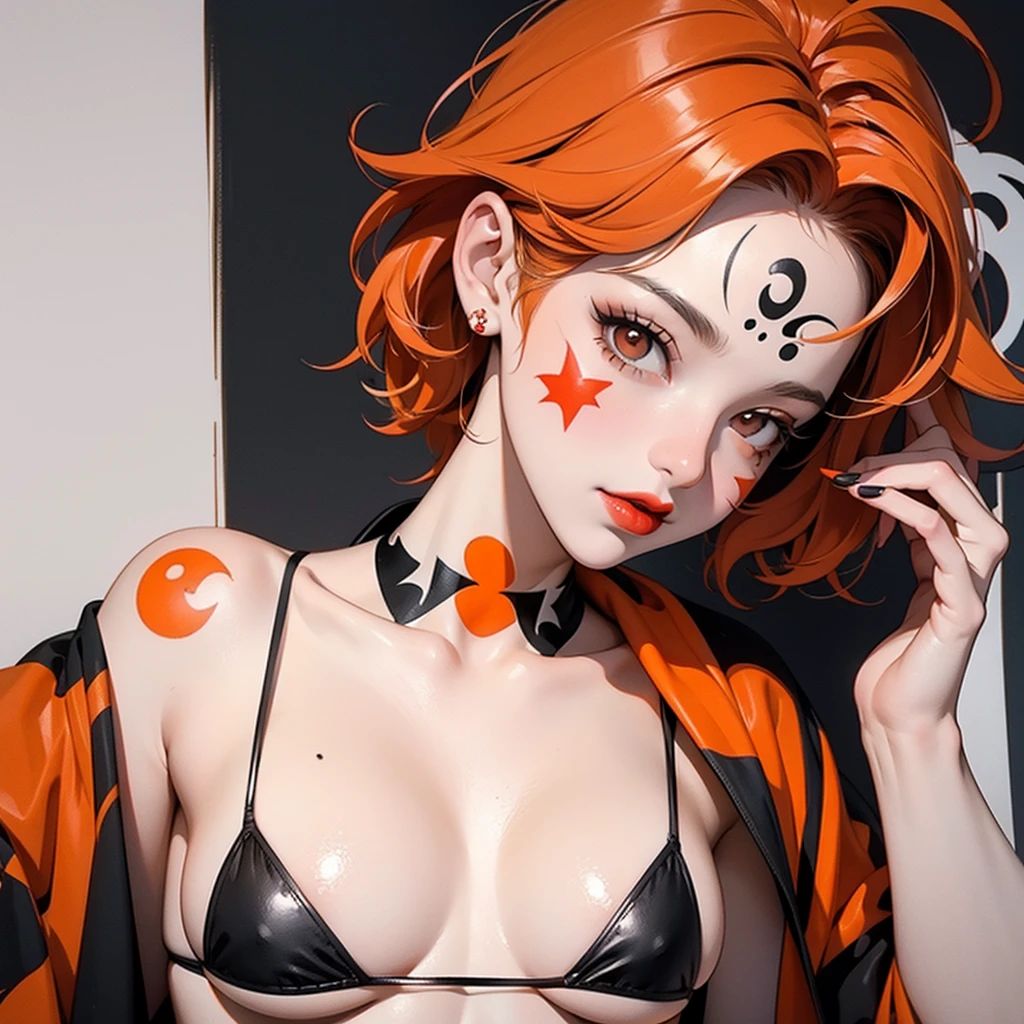 the clown girl, funny, face painted with white and black paints , red lipstick, medium breasts, sexy bikini, orange hair