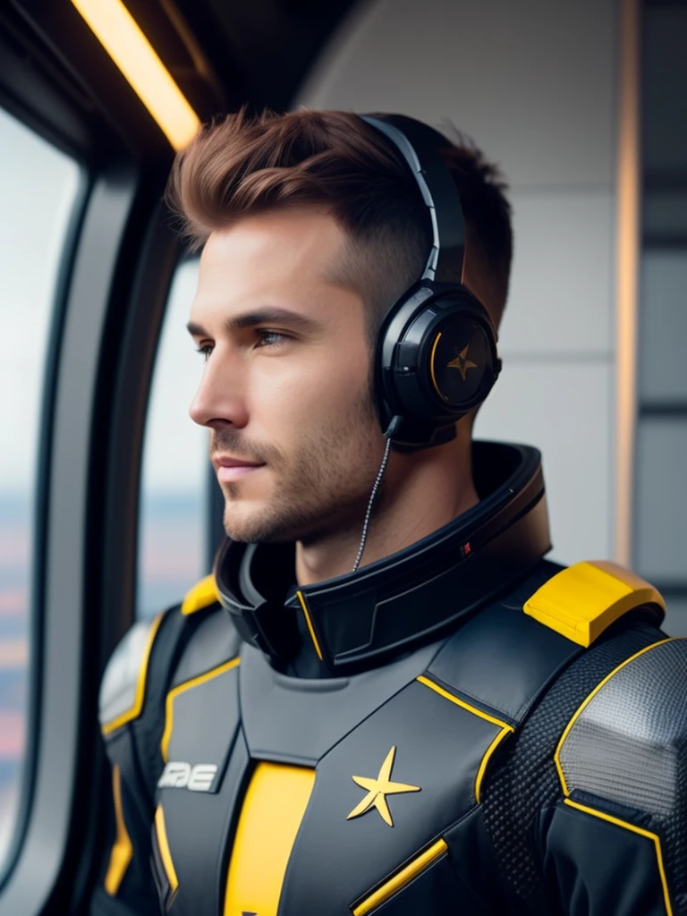 fking_scifi, award-winning photo of a man, black flight suit with yellow accents, brown hair, (gray eyes:1.35), square jawline, asymmetric face, standing in front of a window on a space ship, 80mm, bokeh, mass effect, close up, fking_cinema_v2