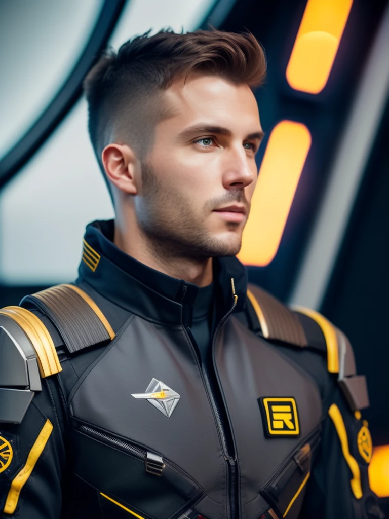 fking_scifi, award-winning photo of a man, black flight suit with yellow accents, brown hair, (gray eyes:1.35), square jawline, asymmetric face, standing in front of a window on a space ship, 80mm, bokeh, mass effect, close up, fking_cinema_v2