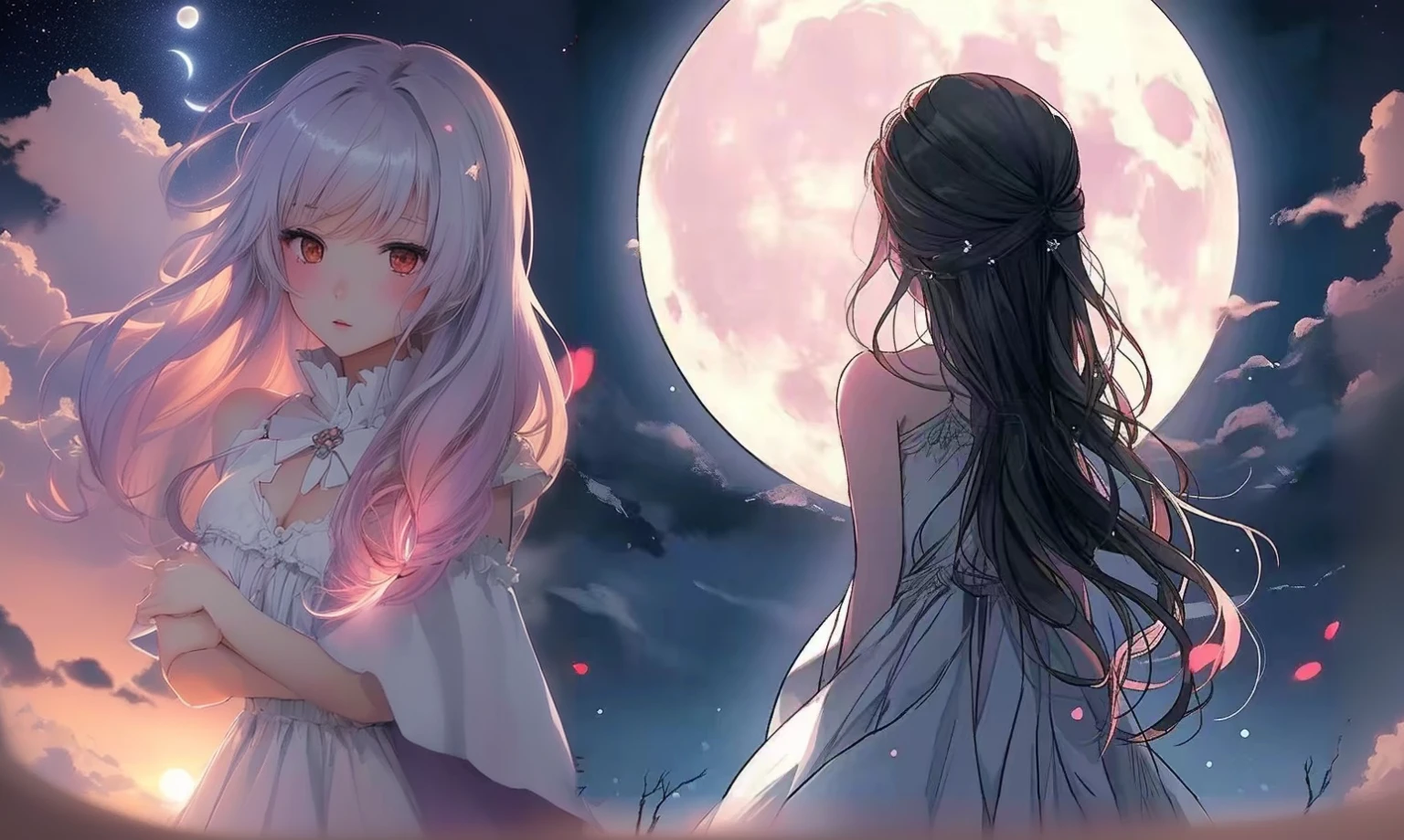 anime girl in white dress looking at the moon with long hair, anime girl with long hair, beautiful anime, nightcore, the moon behind her, anime picture, beautiful anime style, anime wallaper, ethereal anime, beautiful anime girl, anime wallpaper, beautiful fantasy anime, beautiful as the moon, anime art wallpaper 8 k, the glow of the moonlight