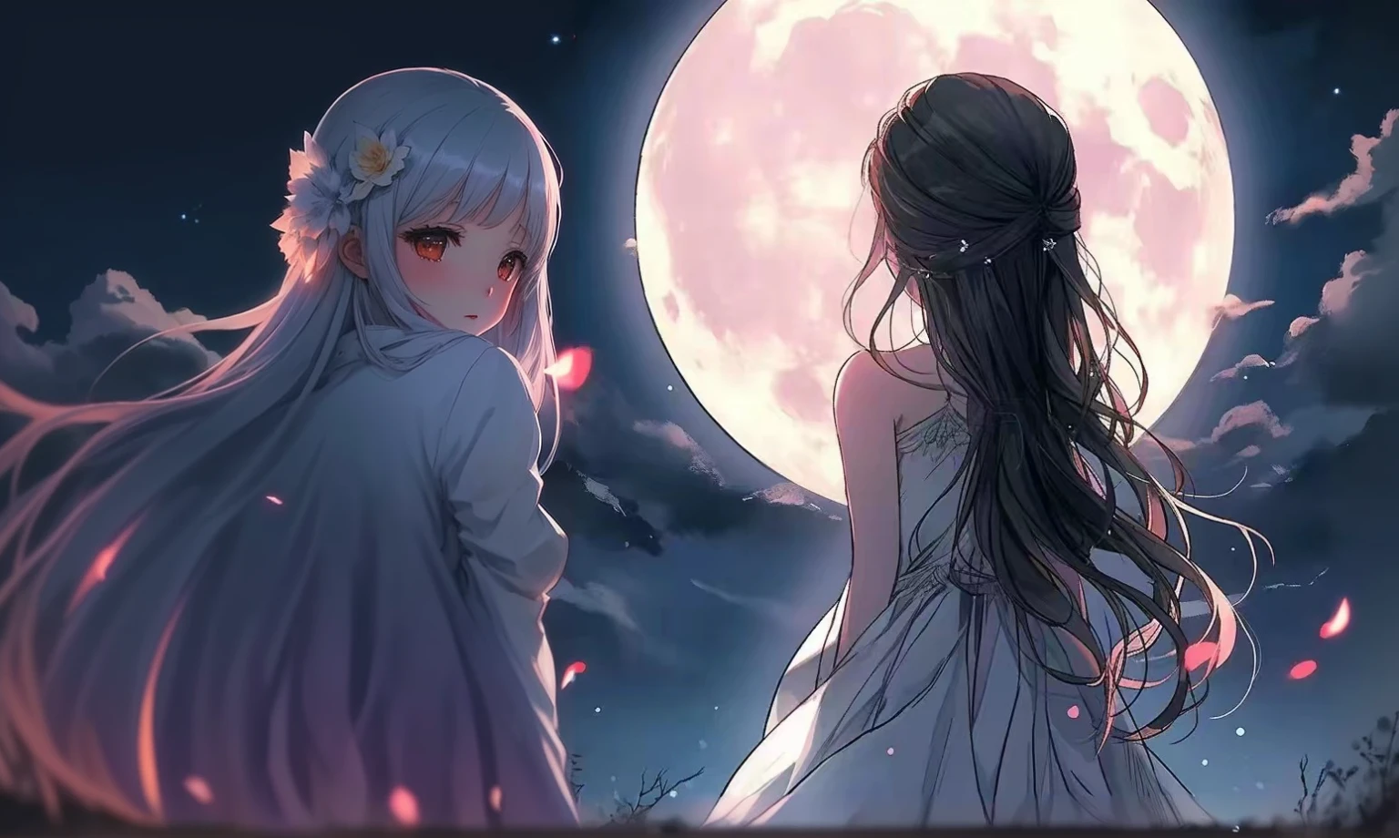 anime girl in white dress looking at the moon with long hair, anime girl with long hair, beautiful anime, nightcore, the moon behind her, anime picture, beautiful anime style, anime wallaper, ethereal anime, beautiful anime girl, anime wallpaper, beautiful fantasy anime, beautiful as the moon, anime art wallpaper 8 k, the glow of the moonlight