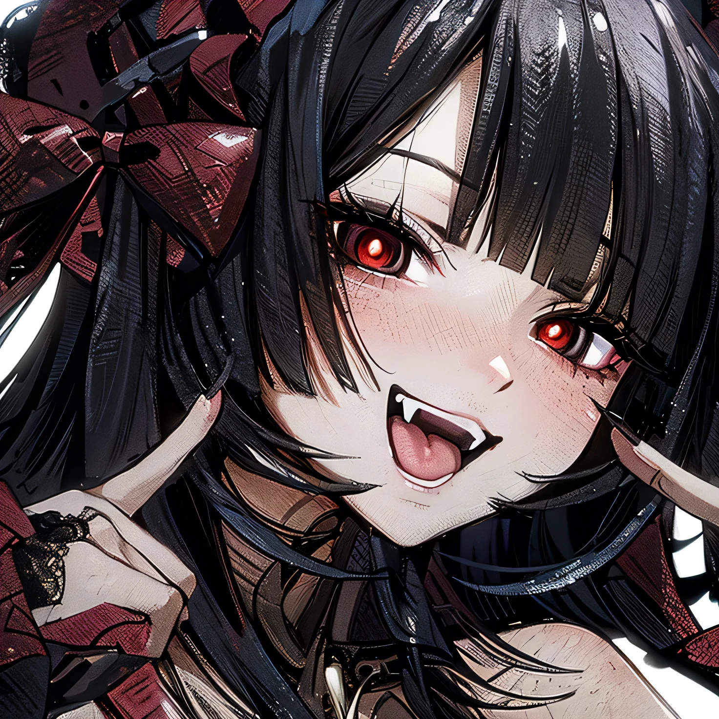 Masterpiece, best quality, 4K,8K,style,masterpiece, 1girl, close up on facez ((ultra-detailed)), contrast, (anime style), (warm hue, warm tone): 1.2), cinematic light, side lighting, ultra high resolution, (best shade), RAW, verse, anime girl with black hair and red eyes with a bow, portrait gapmoe yandere grimdark, gapmoe yandere grimdark, gothic maiden anime girl, ahegao, devious evil expression, yandere intricate, ahegao face, demon anime girl, [[[[grinning evily]]]]