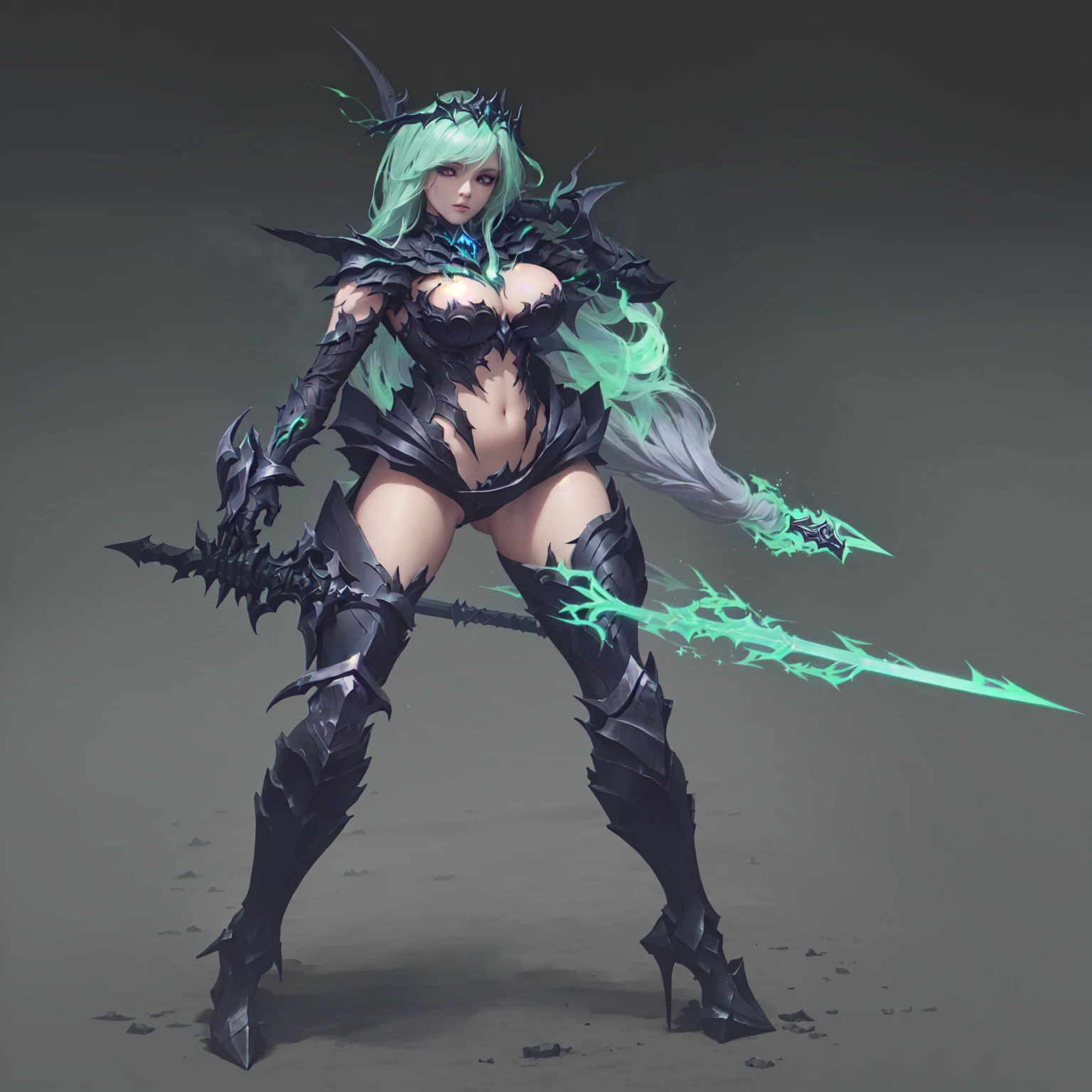 A woman in black holding a sword，Green flames burning beside me, dark witch full view, dark witch fullbody pose, League of Legends concept art, Necromancer Witch, Game concept art, dark witch角色, League of Legends style art, Holy Necromancer Girl, dark witch