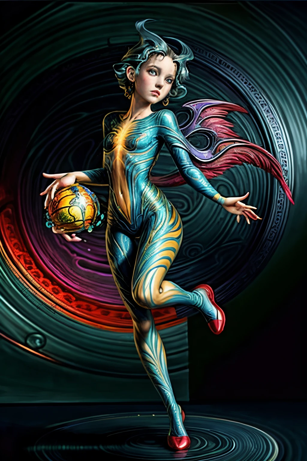 colorpop style, pointy hair, blue skin, natalie shau, mark ryden, alberto seveso, brooke shaden, anna dittmann, flora borsi, yin yang fern, beautiful full body photo with oil painting, with thick brushstrokes and wet paint, fibonacci, golden ratio, melted wax, visible brushstrokes, surrounded by crystal ball, 3D Mosaic wireframe, neural graphics, neurons, tree of life, color, love, passion, oil on canvas, thick brush strokes, crazy details, 8k uhd, masterpiece, art station, surrealism, teenage girl
