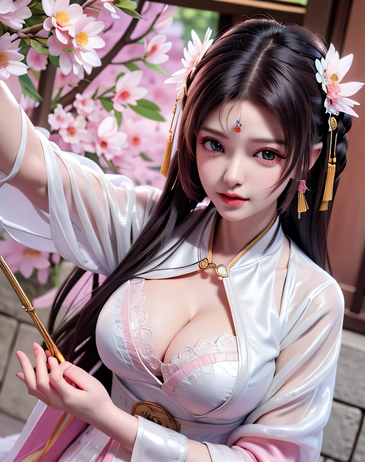 (8k, RAW photo:1.2), best quality, ultra high res,dramatic angle,(fluttered detailed color splashs), (illustration),(((1 girl))),(long hair),(rain:0.9), (Headdress:1.4),There is an ancient palace beside the girl,Hanfu,(Key Points),Color ink painting,(Splash of Color),Splash of Color,(((colorful))),(sketch:0.8) , Masterpiece, best quality, beautiful painted, highly detailed,(denoising:0.6),[splash ink],((ink refraction)), (beautiful detailed sky),moon,highly,detaild,(masterpiece, best quality, extremely detailed） CG Unity 8k Wallpaper，masterpiece，best quality，Ultra Detailed），（Lycoris）. hanfu open v   open V-chested clothes Thin silk lace dress , (huge ，cleavage),, white pink, blue ，best qualtiy，tmasterpiece，Ultra-high resolution，（Reality：1.4），RAW photogr，（True skin texture：1.3），（filmgrain：1.3），（Selfie angle），1个Giant Breast Girl，Beautiful eye and face details，tmasterpiece，Best quality at best，，The chest more exposed， detailed hair, bra pink , detail 8k, full body, lace petticoat, fan handle