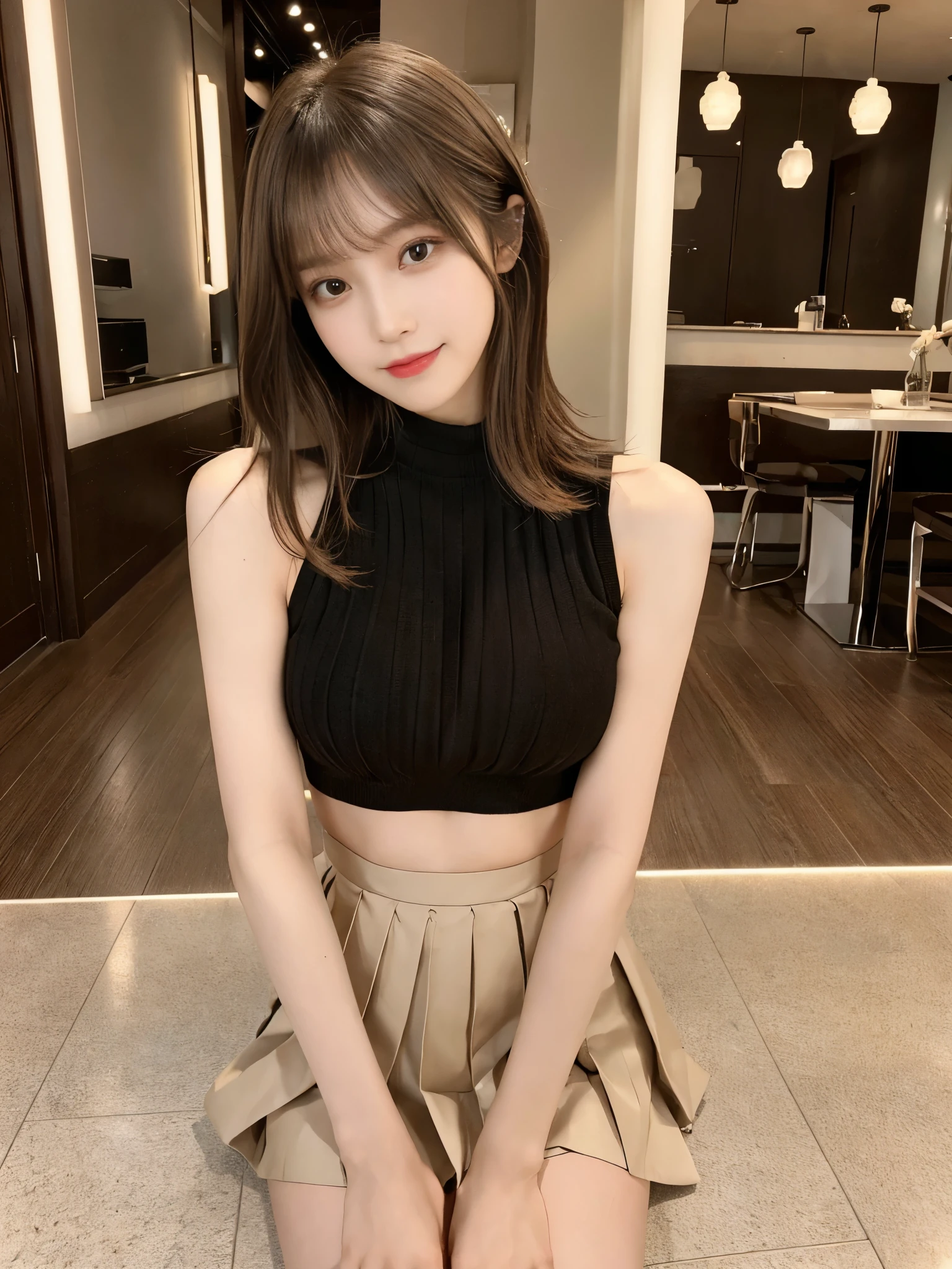 (Detailed skin:1.2),(Shiny skin:1.1),8K,Highest quality, masterpiece, Ultra-high resolution,(Realistic:1.4), RAW Photos,(Soft saturation:1.3),(Fair skin:1.2),Japanese Idols,repair,20 years, Brown Hair, （Short Hairstyles:1.2), Asymmetrical Hair, Asymmetrical bangs
 (Pretty face:1.4), (Big Breasts, Tight waist), Beautiful lighting, Small Head,
(Mini Pleated Skirt:1.2,), camisole,Highly detailed face, Highly detailed lips, fine grain, double eyelid,, Full Body Shot, Browsing Caution, Sharp focus: 1.2, Beautiful woman with perfect figure: 1.2、Random sexy poses，Accentuate your leg lines、smile