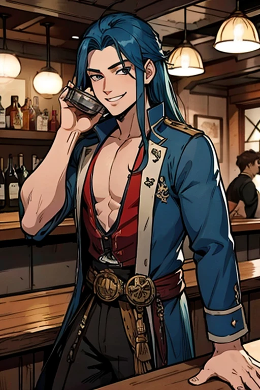 A muscular blue haired man with gray eyes and long hair in a pirate's outfit is drinking at the bar with a big smile