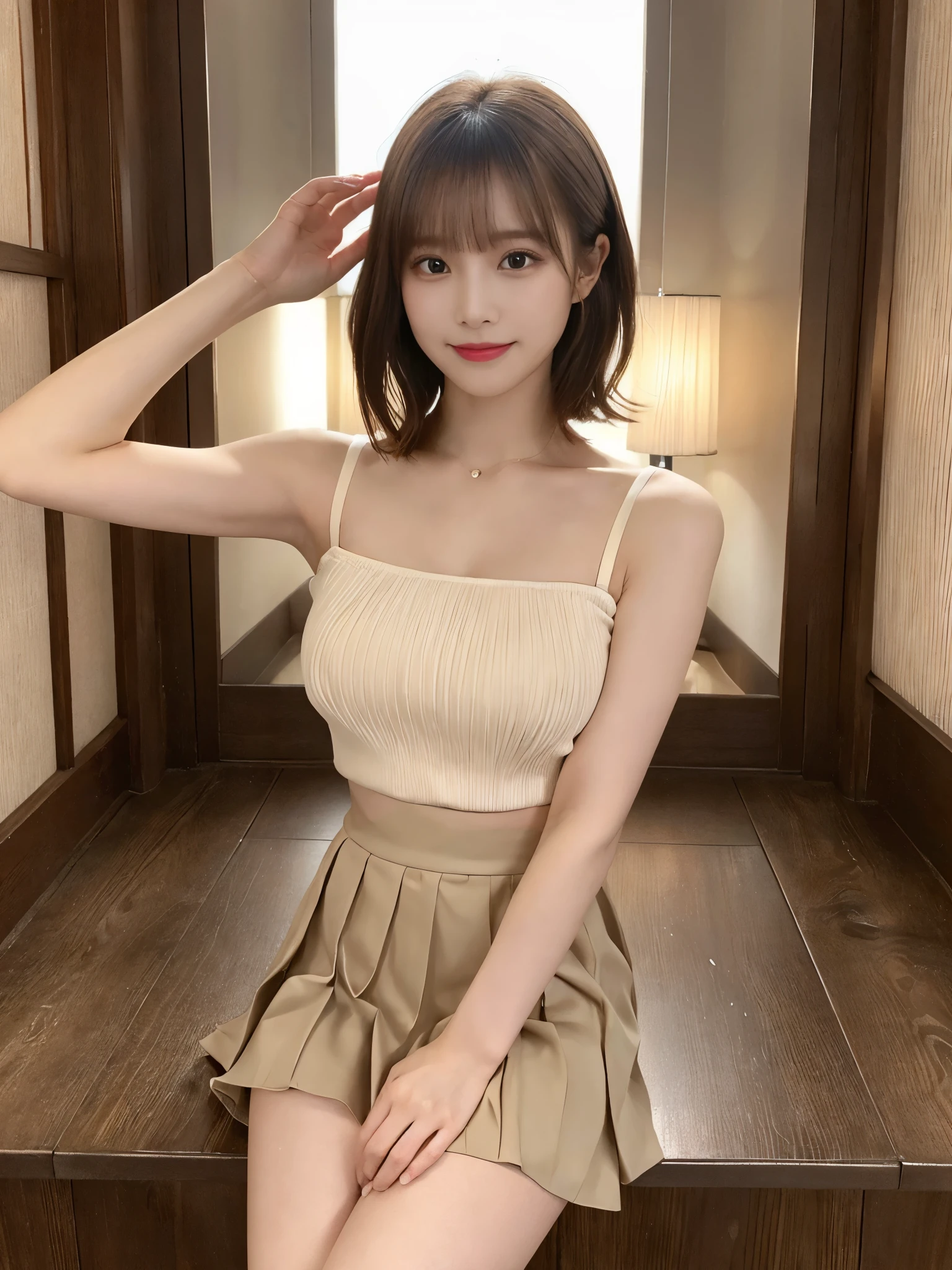 (Detailed skin:1.2),(Shiny skin:1.1),8K,Highest quality, masterpiece, Ultra-high resolution,(Realistic:1.4), RAW Photos,(Soft saturation:1.3),(Fair skin:1.2),Japanese Idols,repair,20 years, Brown Hair, （Short Hairstyles:1.2), Asymmetrical Hair, Asymmetrical bangs
 (Pretty face:1.4), (Big Breasts, Tight waist), Beautiful lighting, Small Head,
(Mini Pleated Skirt:1.2,), camisole,Highly detailed face, Highly detailed lips, fine grain, double eyelid,, Full Body Shot, Browsing Caution, Sharp focus: 1.2, Beautiful woman with perfect figure: 1.2、Random sexy poses，Accentuate your leg lines、smile