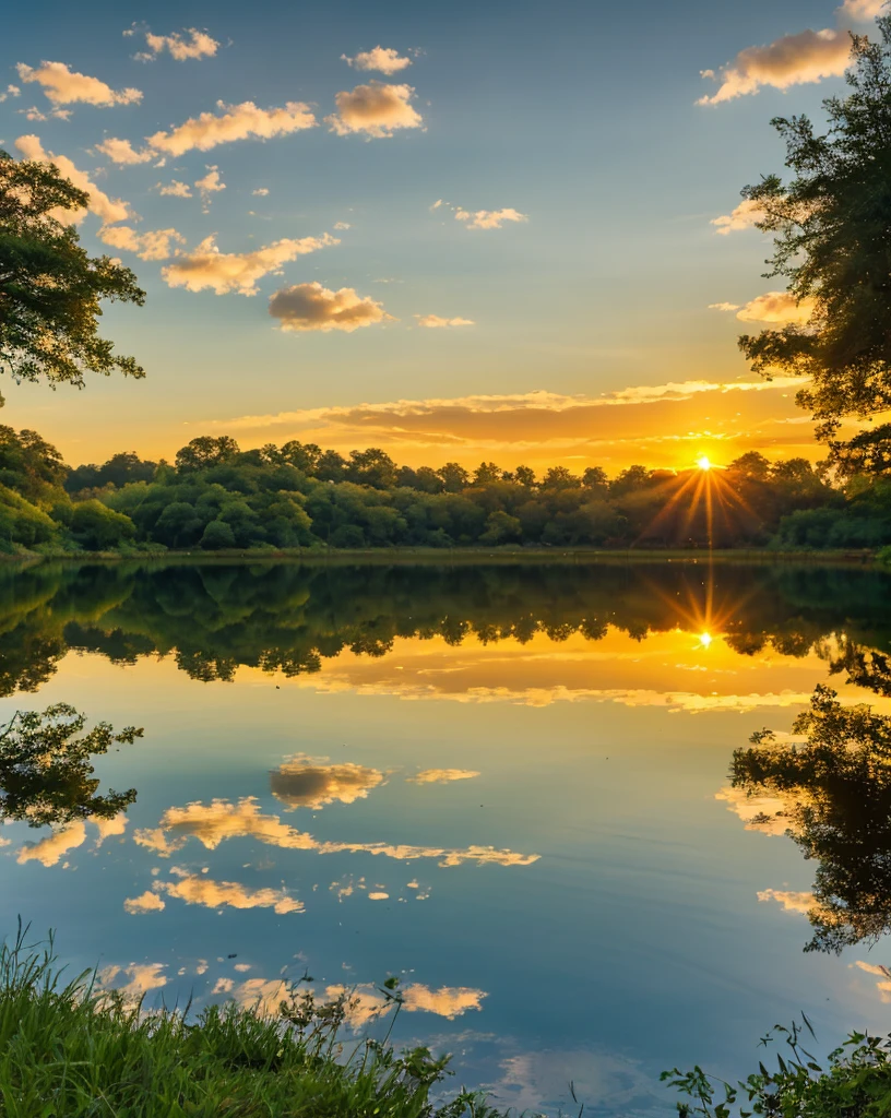 a beautiful sunrise over a serene lake, golden sun rays shimmering on the calm water surface, dramatic clouds in the sky, lush green trees and vegetation along the shoreline, detailed reflections of the landscape in the lake, warm vibrant colors, cinematic lighting, photorealistic, highly detailed, 8k, award-winning digital art
