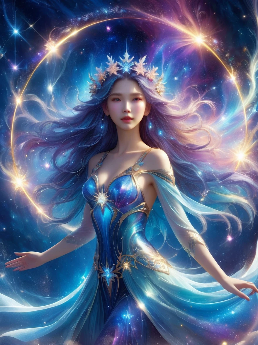 1xknh1, (full-body shot:1.4), The entire galaxy inside the Winter Goddess is surrounded by a soft halo,Sparkles like crystal,Pure and beautiful