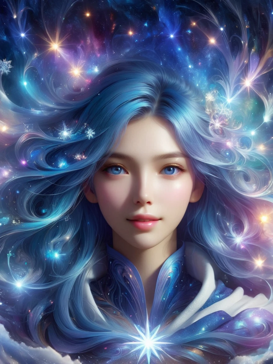 1xknh1, (full-body shot:1.4), The entire galaxy within the Winter Goddess is surrounded by a soft aura, shining like crystals, pure and beautiful