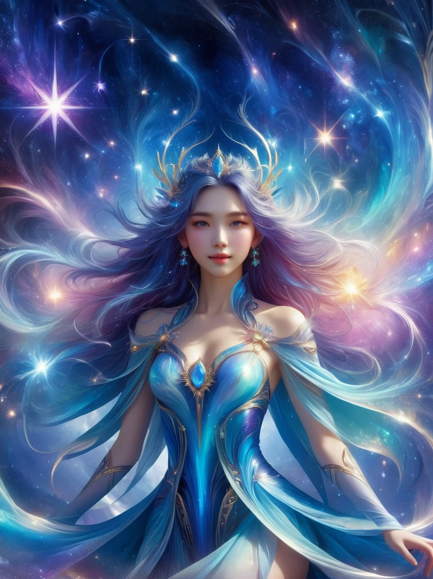 1xknh1, (full-body shot:1.4), The entire galaxy within the Winter Goddess is surrounded by a soft aura, shining like crystals, pure and beautiful