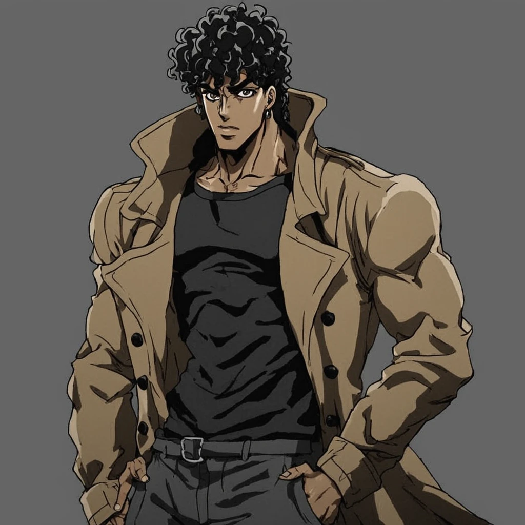 JoJo style, JoJo's Bizarre Adventure, tall male, trench coat, anime, dark skinned, wavy hair, black sweatshirt, marked jaw 