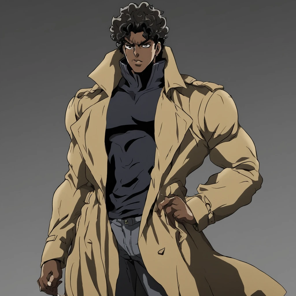 JoJo style, JoJo's Bizarre Adventure, tall male, trench coat, anime, dark skinned, wavy hair, black sweatshirt, marked jaw 