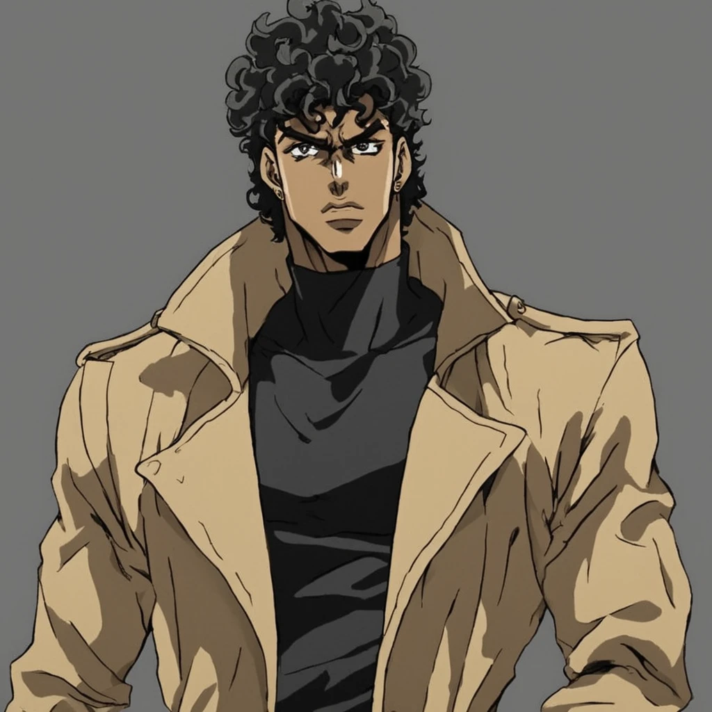 JoJo style, JoJo's Bizarre Adventure, tall male, trench coat, anime, dark skinned, wavy hair, black sweatshirt, marked jaw 