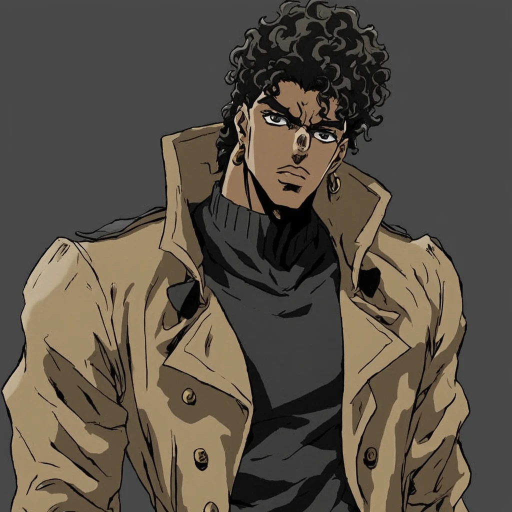 JoJo style, JoJo's Bizarre Adventure, tall male, trench coat, anime, dark skinned, wavy hair, black sweatshirt, marked jaw 