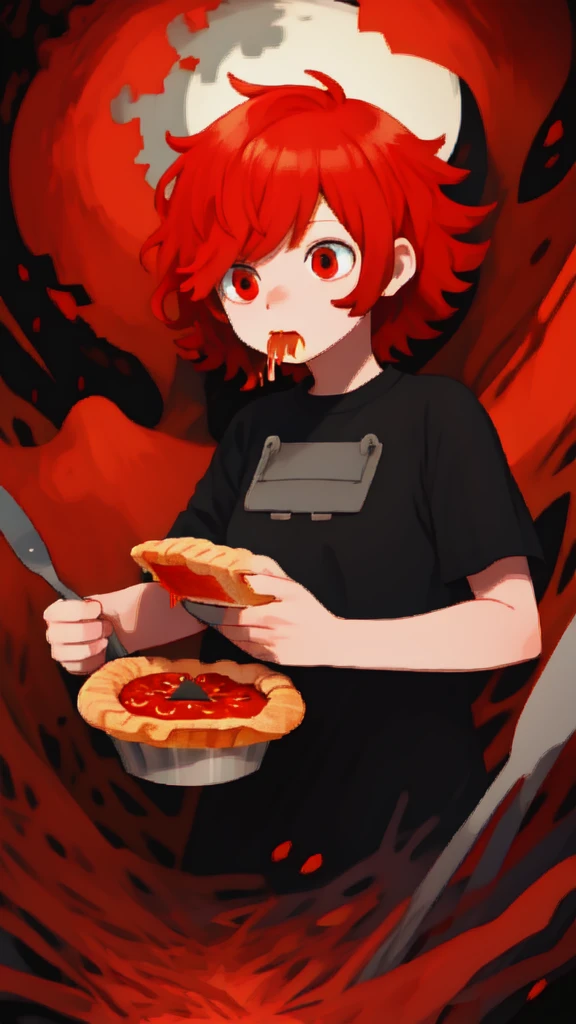Short, red hair, red eyes, non-binary, black shirt, eating pie