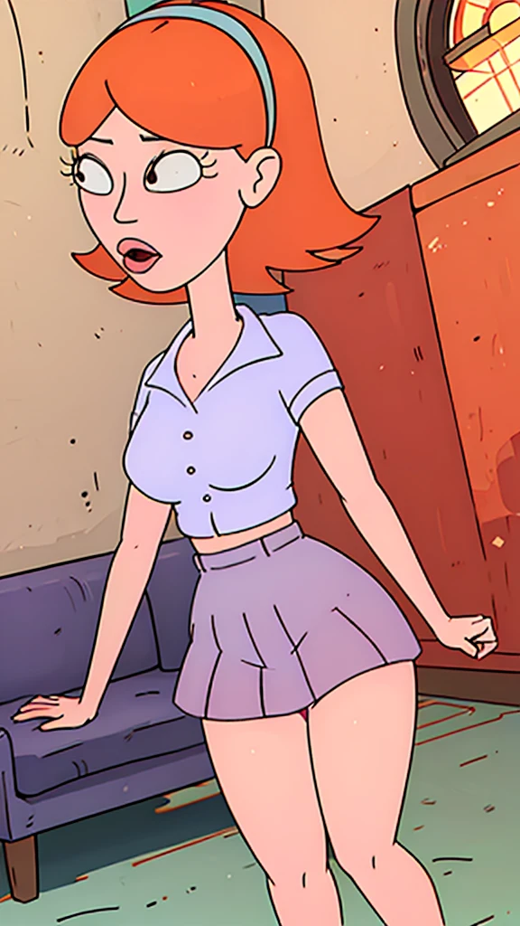 a teenage girl sexy attractive beautiful cool popular short orange hair disheveled cut light red lip wears long light blue button shirt sensual curves and a short purple miniskirt pair short blue socks legs white heel she walking living room class