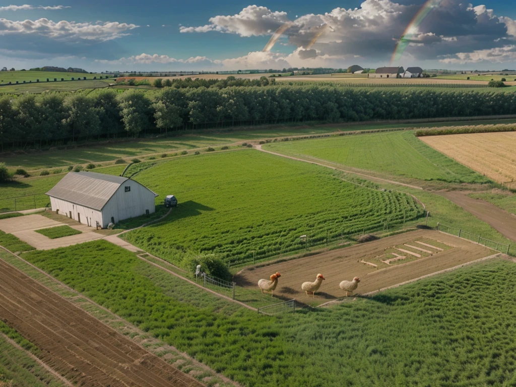 "Illustration of a farm scene with a windmill on the left, barn on right, hills in the middle, cloud, the sun smiled, and rainbows in the sky. In front of, there are sheep in the pen, cow, chicken with three chicks, and the chicken near the egg. Vegetables (carrot, good), Barrow, seed bag/fertilizer, sunflower, the Apple tree, and irrigation canals are also visible. This rural atmosphere is educational and fun."