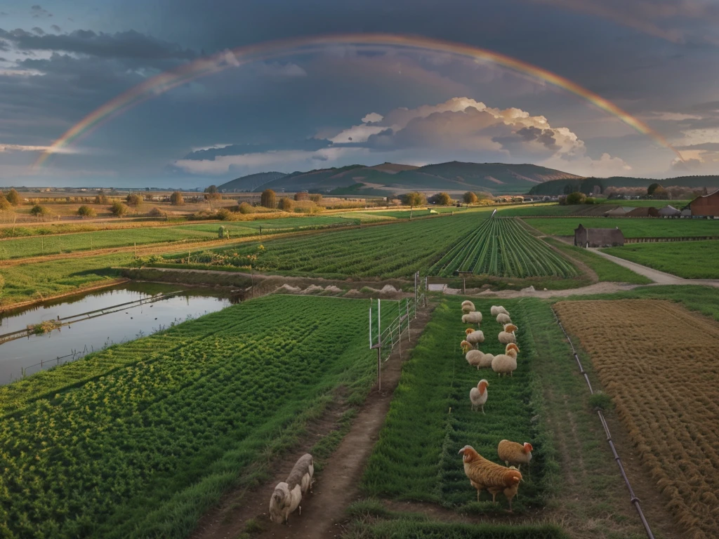 "Illustration of a farm scene with a windmill on the left, barn on right, hills in the middle, cloud, the sun smiled, and rainbows in the sky. In front of, there are sheep in the pen, cow, chicken with three chicks, and the chicken near the egg. Vegetables (carrot, good), Barrow, seed bag/fertilizer, sunflower, the Apple tree, and irrigation canals are also visible. This rural atmosphere is educational and fun."