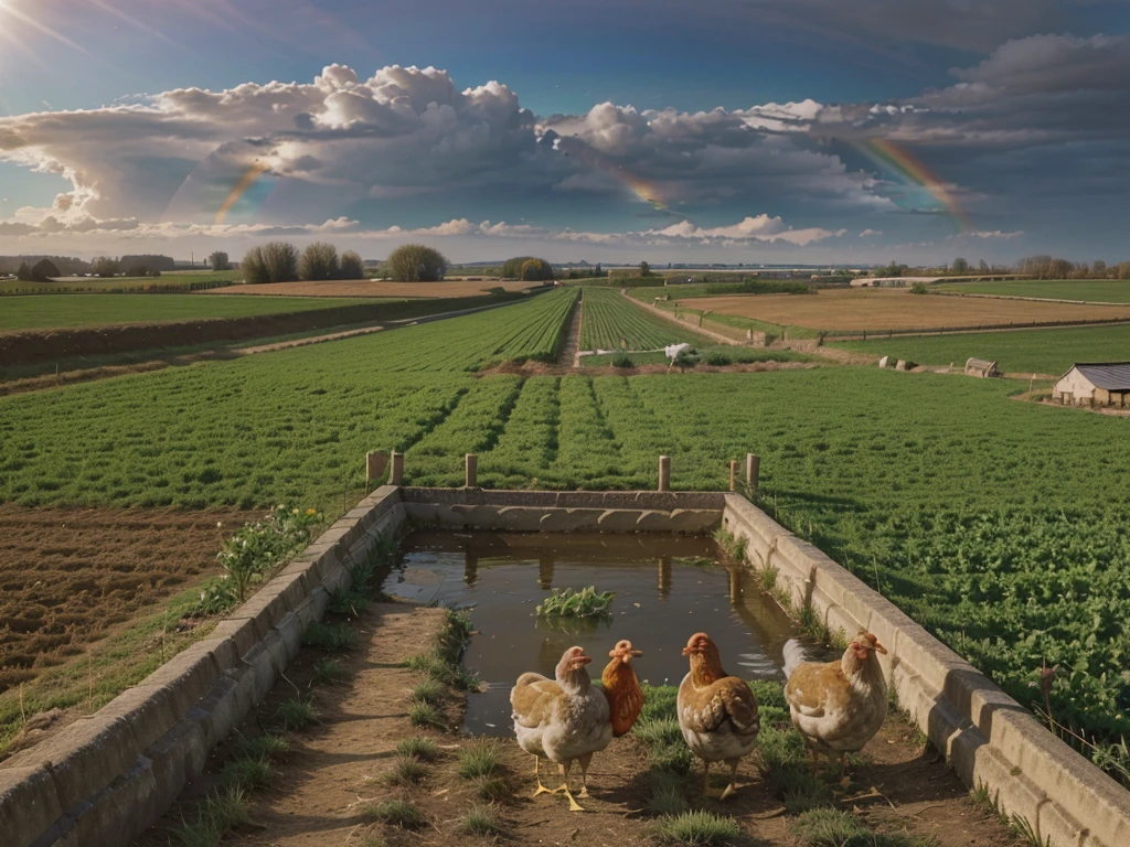 "Illustration of a farm scene with a windmill on the left, barn on right, hills in the middle, cloud, the sun smiled, and rainbows in the sky. In front of, there are sheep in the pen, cow, chicken with three chicks, and the chicken near the egg. Vegetables (carrot, good), Barrow, seed bag/fertilizer, sunflower, the Apple tree, and irrigation canals are also visible. This rural atmosphere is educational and fun."