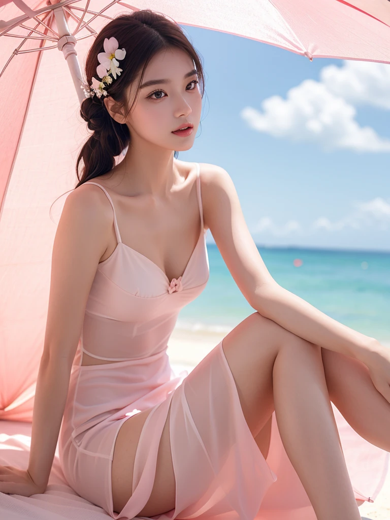 Beautiful and charming women in fashion trends, full body: 1.6, holding flowers, Random hairstyle, Sitting under a parasol, At the seaside, Random colored tight dress, The wind blows my hair., blue sky and white clouds, Delicate sexy collarbone, open chest, The goose egg face is charming., Double eyelids, The wise eyes of a peach blossom, pink lips, small upturned nose, bare shoulders, focused face, face close up, ultra high definition, Awesome details, Ultra-thin transparency, Fresh and good, see through, pink
