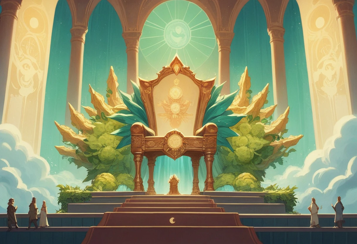 show 2 people, a jade Emperor seated on a magnificent golden throne in the heavenly realm looks down to a young farmer who is in simple clothing stands respectfully before him . Surround them with vibrant celestial flora under a soft, golden light, symbolizing the sacred nature of the encounter.