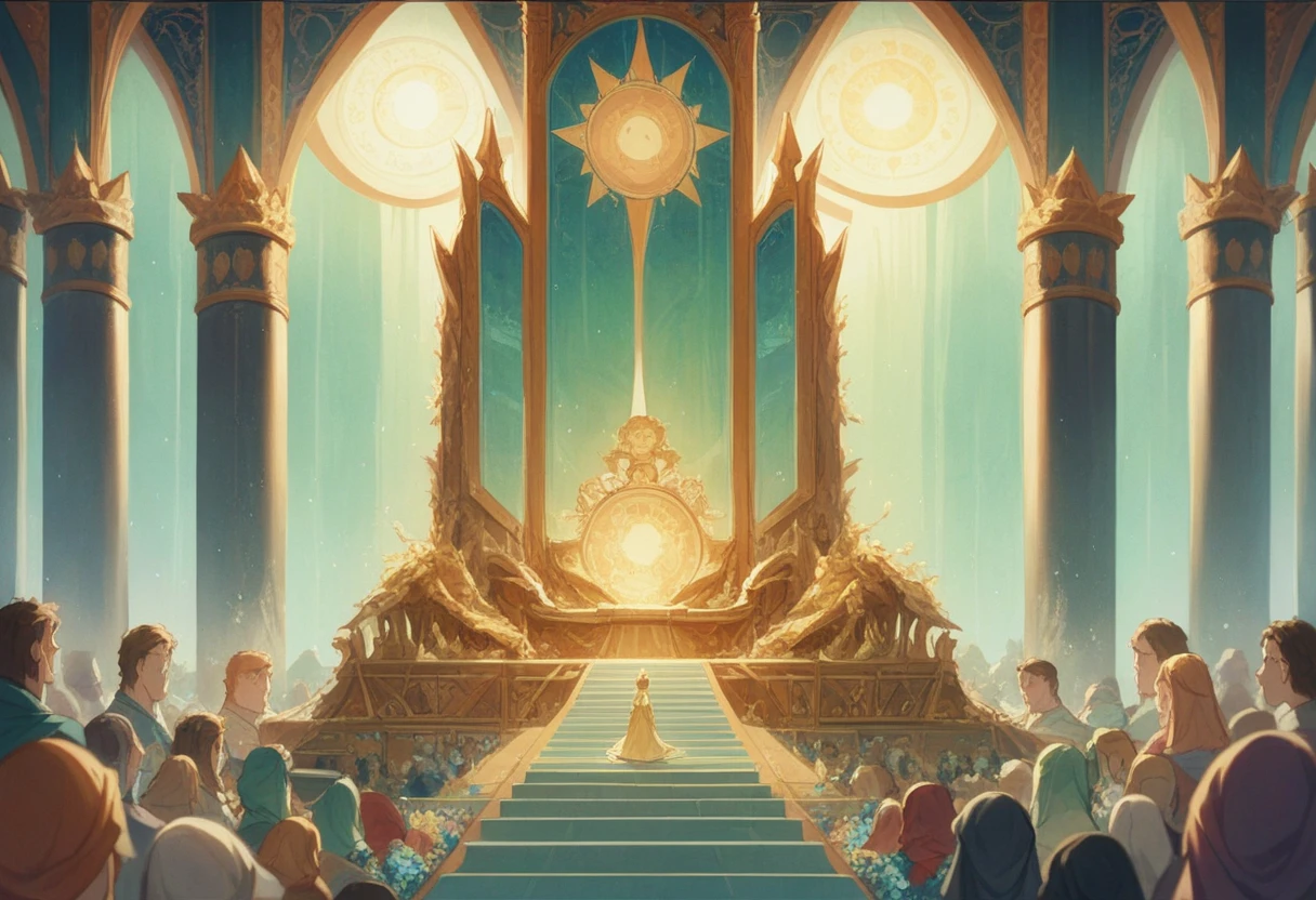 show 2 people, a jade Emperor seated on a magnificent golden throne in the heavenly realm looks down to a young farmer who is in simple clothing stands respectfully before him . Surround them with vibrant celestial flora under a soft, golden light, symbolizing the sacred nature of the encounter.