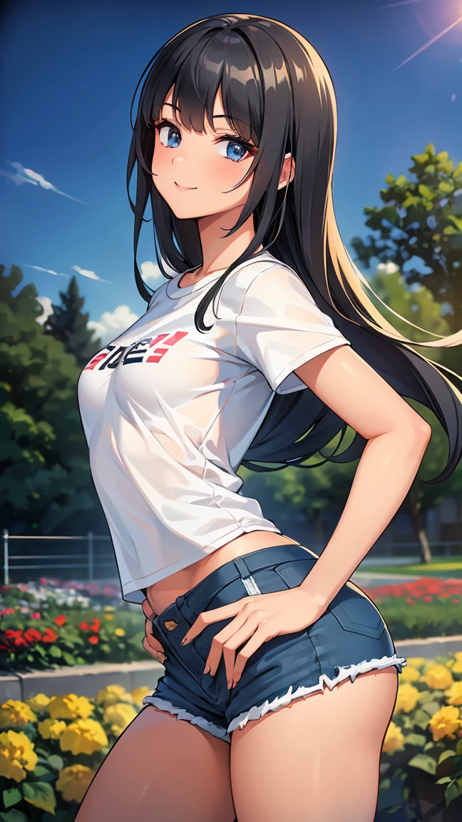 (8K, Live shooting, best quality, muste piece: 1.2), High-definition RAW color photo, Professional photography, cinematic light, ((1 girl)), focus on butt, (Low - Angle:1.2), super cute face, (black long hair), smile, Gorgeous body, glossy lips, slender body, big breasts, small butt, ((T-shirt, denim shorts, )), with your back turned:1.5, Are standing:1.2, Turn around pose, natural makeup, long eyelashes, shiny hair, asymmetrical bangs, tanned skin, pretty face, beautiful detailed eyes, beautiful body, beautiful chest, beautiful thighs, beautiful legs, (((clean fingers, 5 fingers on hand, five fingers))), (((flower garden, garden))), central image, high resolution, high detail, detailed hairstyle, detailed face, epic movie lighting, lively, hyper real, perfect limbs, perfect anatomy, anatomically correct,