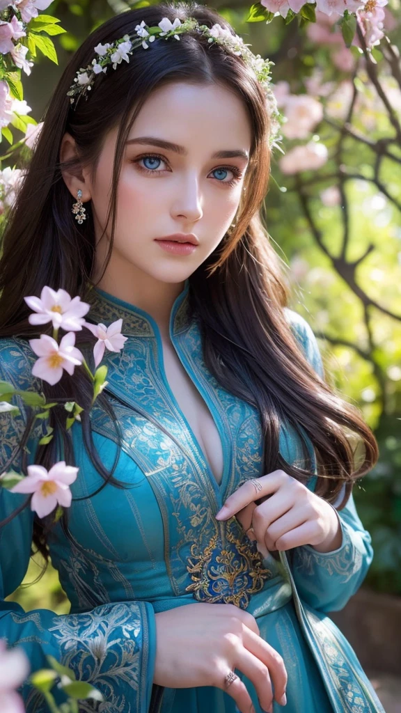 best quality, cinematic lighting, photorealistic, highly detailed, intricate, beautiful girl in a lush garden, elegant long dress, delicate facial features, piercing blue eyes, flowing hair, serene expression, vibrant colors, dramatic shadows, sunlight dappling through the trees, blooming flowers, ornate garden architecture