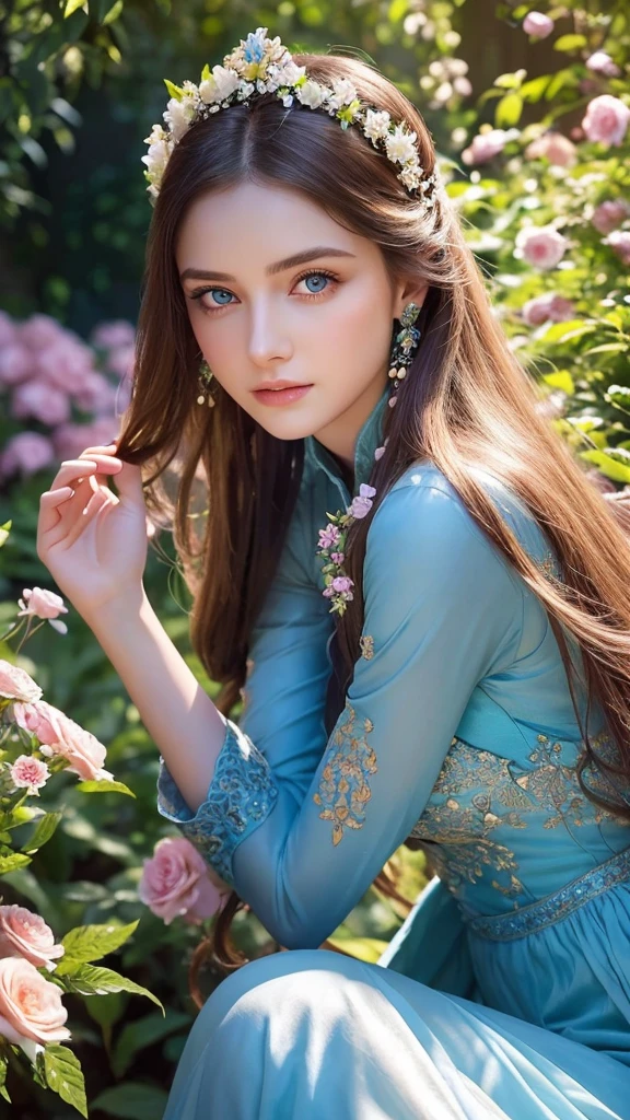 best quality, cinematic lighting, photorealistic, highly detailed, intricate, beautiful girl in a lush garden, elegant long dress, delicate facial features, piercing blue eyes, flowing hair, serene expression, vibrant colors, dramatic shadows, sunlight dappling through the trees, blooming flowers, ornate garden architecture