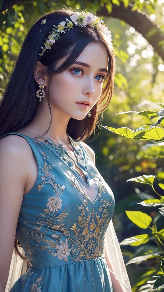 best quality, cinematic lighting, photorealistic, highly detailed, intricate, beautiful girl in a lush garden, elegant long dress, delicate facial features, piercing blue eyes, flowing hair, serene expression, vibrant colors, dramatic shadows, sunlight dappling through the trees, blooming flowers, ornate garden architecture