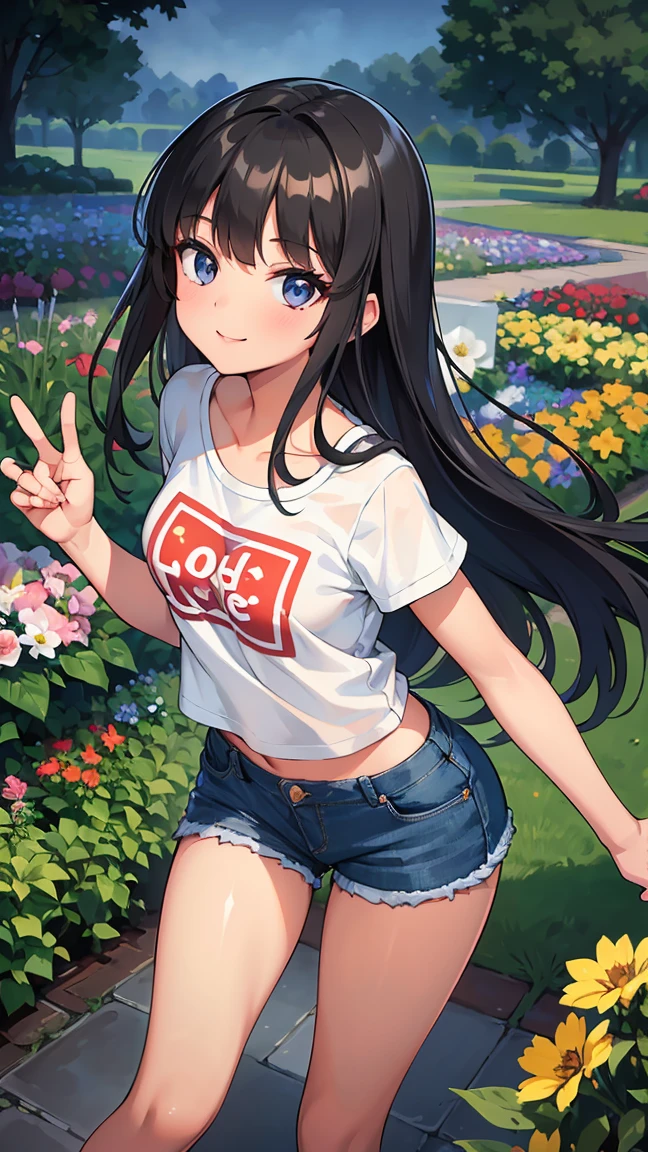 (8K, Live shooting, best quality, muste piece: 1.2), High-definition RAW color photo, Professional photography, cinematic light, ((1 girl)), focus on butt, (Low - Angle:1.2), super cute face, (black long hair), smile, Gorgeous body, glossy lips, slender body, big breasts, small butt, ((T-shirt, denim shorts, )), with your back turned:1.5, Are standing:1.2, Turn around pose, natural makeup, long eyelashes, shiny hair, asymmetrical bangs, tanned skin, pretty face, beautiful detailed eyes, beautiful body, beautiful chest, beautiful thighs, beautiful legs, (((clean fingers, 5 fingers on hand, five fingers))), (((flower garden, garden))), central image, high resolution, high detail, detailed hairstyle, detailed face, epic movie lighting, lively, hyper real, perfect limbs, perfect anatomy, anatomically correct,
