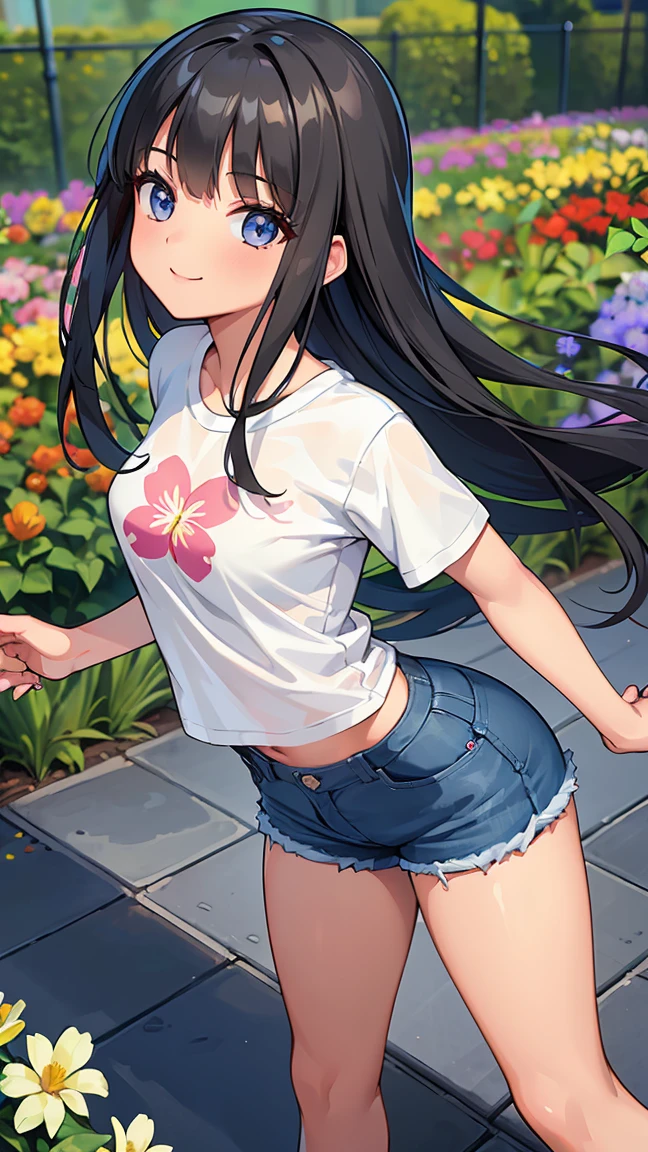 (8K, Live shooting, best quality, muste piece: 1.2), High-definition RAW color photo, Professional photography, cinematic light, ((1 girl)), focus on butt, (Low - Angle:1.2), super cute face, (black long hair), smile, Gorgeous body, glossy lips, slender body, big breasts, small butt, ((T-shirt, denim shorts, )), with your back turned:1.5, Are standing:1.2, Turn around pose, natural makeup, long eyelashes, shiny hair, asymmetrical bangs, tanned skin, pretty face, beautiful detailed eyes, beautiful body, beautiful chest, beautiful thighs, beautiful legs, (((clean fingers, 5 fingers on hand, five fingers))), (((flower garden, garden))), central image, high resolution, high detail, detailed hairstyle, detailed face, epic movie lighting, lively, hyper real, perfect limbs, perfect anatomy, anatomically correct,