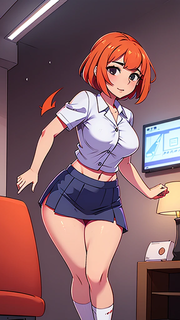 a age girl sexy attractive beautiful cool popular short orange hair disheveled cut light red lip wears long light blue button shirt sensual curves and a short purple miniskirt pair short blue socks legs white heel she walking living room class