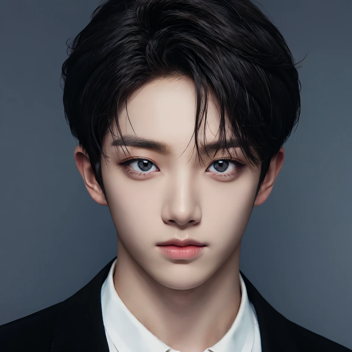 professional portrait photograph, handsome young man, model, crew cut, detailed face, detailed eyes, plain background, kpop