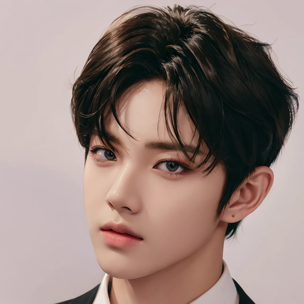 professional portrait photograph, handsome young man, model, crew cut, detailed face, detailed eyes, plain background, kpop