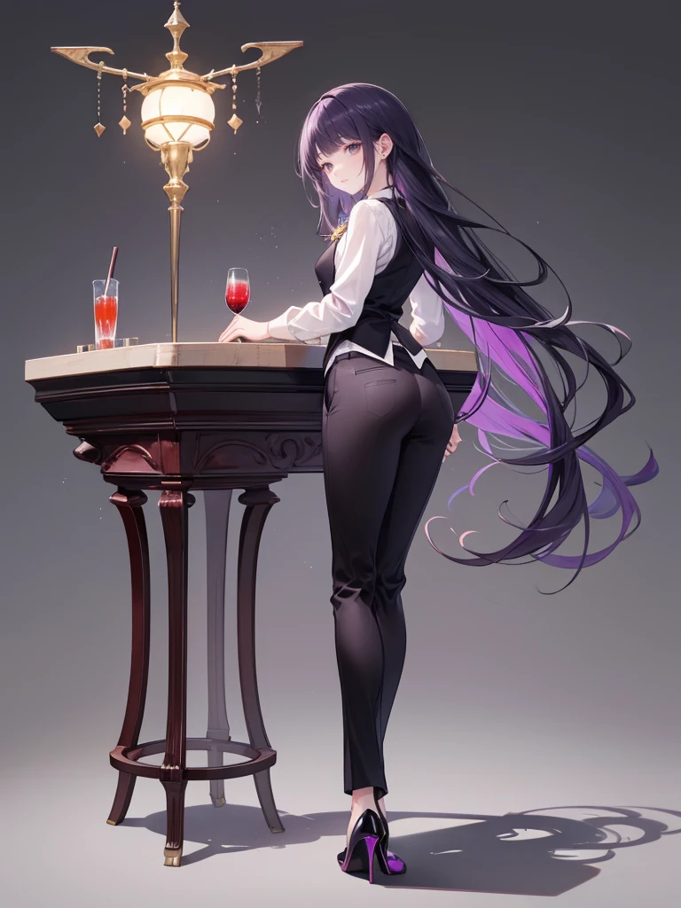 purple,(((long hair))),woman,bartender,vest,shirt,tie,pants,high heels,all,simple background,smile,whole body,full body,full body,Standing picture,vtuber,upright,,look forward to,body facing forward