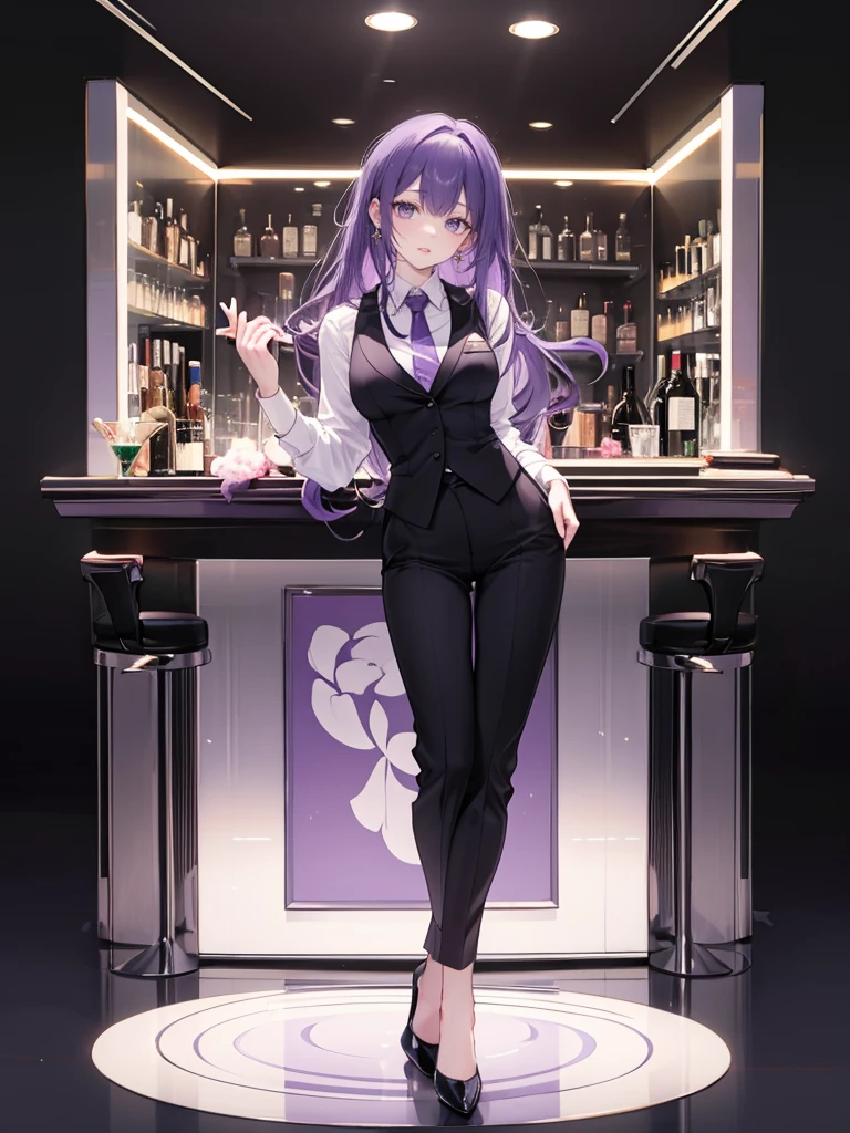 purple,(((long hair))),woman,bartender,vest,shirt,tie,pants,high heels,all,simple background,smile,whole body,full body,full body,Standing picture,vtuber,upright,,look forward to,body facing forward