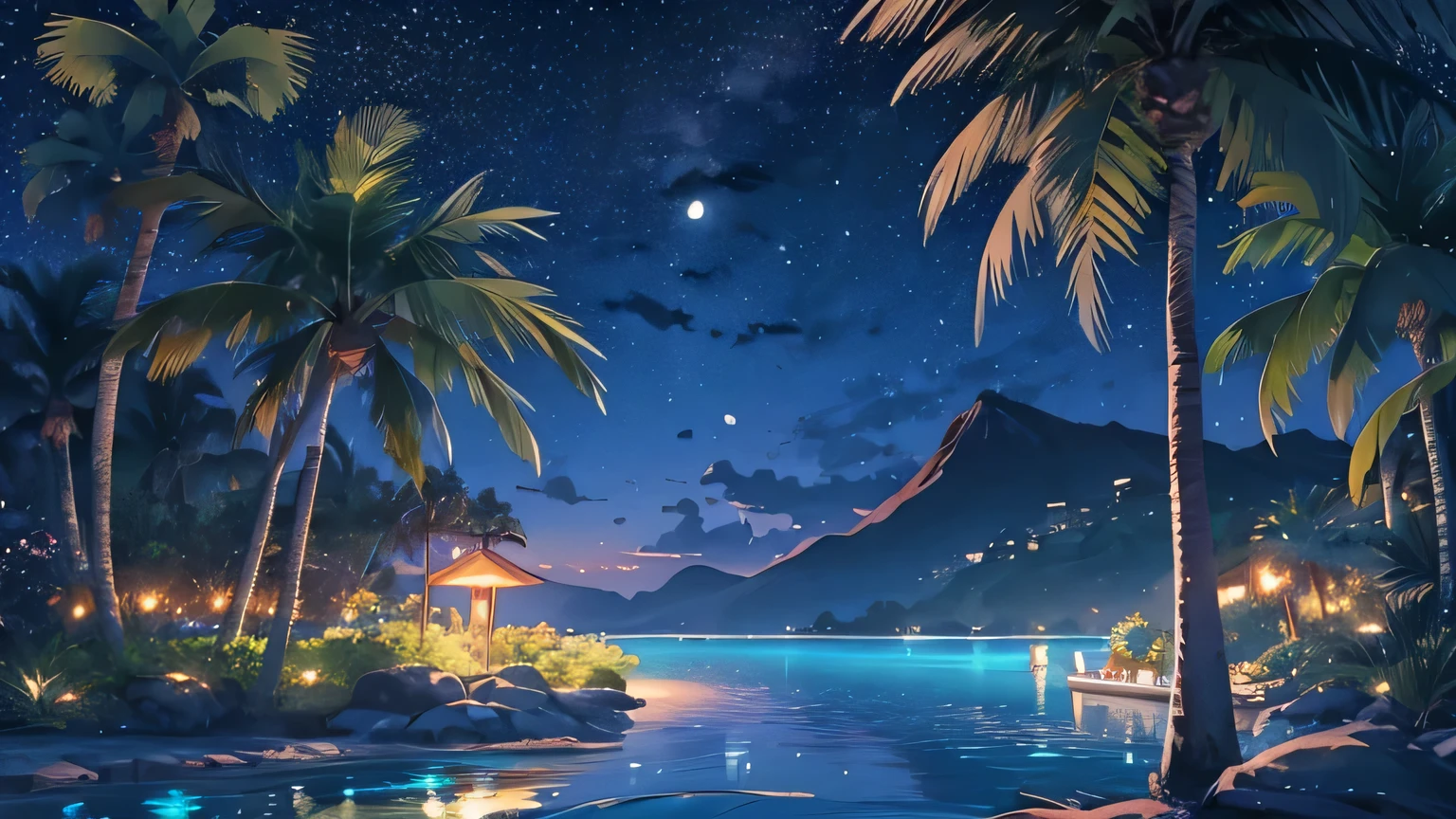 Very detailed、A tranquil lagoon in Hawaii、night、Surrounded by silhouettes of palm trees、The starry sky shines、The crescent moon reflects on the calm water、The lagoon is softly illuminated by moonlight.、Gentle waves wash up and down the shore、Distant tropical plants and flowers々、Lush greenery and tranquil atmosphere、Peaceful and spiritual energy。 Makoto Shinkai-style illustrations。
