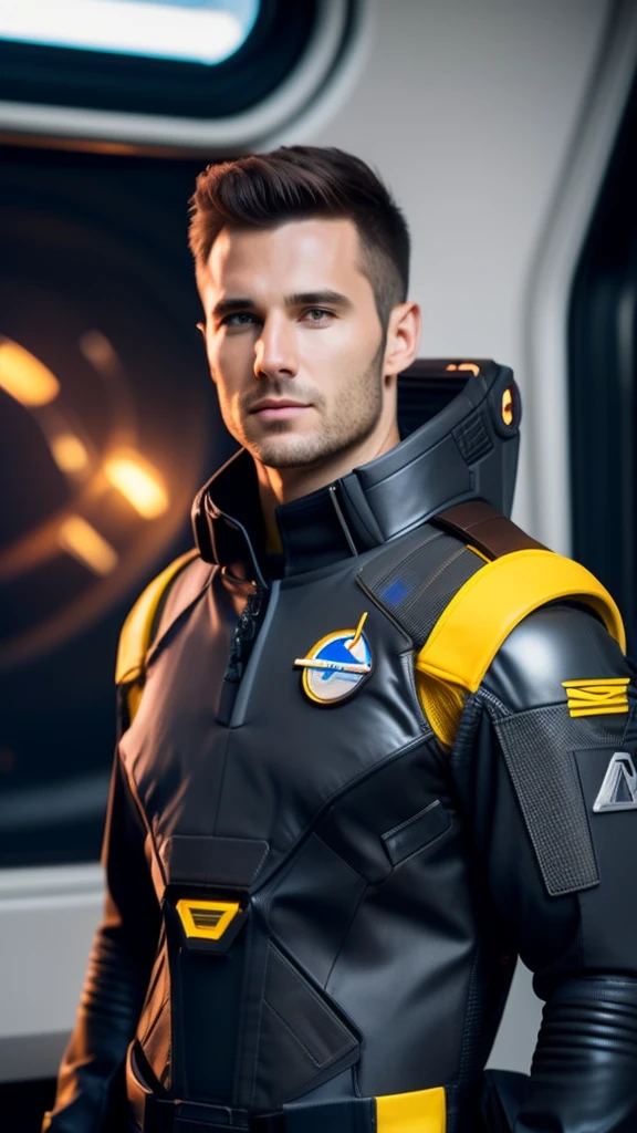 fking_scifi, award-winning photo of a man, black flight suit with yellow accents, brown hair, (gray eyes:1.35), square jawline, asymmetric face, standing in front of a window on a space ship, 80mm, bokeh, mass effect, close up, fking_cinema_v2