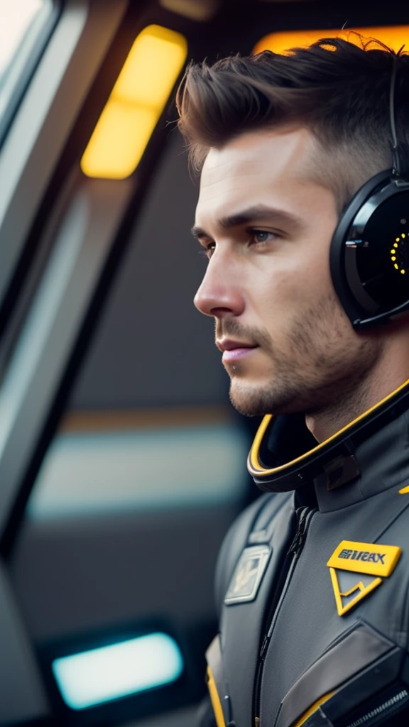 fking_scifi, award-winning photo of a man, black flight suit with yellow accents, brown hair, (gray eyes:1.35), square jawline, asymmetric face, standing in front of a window on a space ship, 80mm, bokeh, mass effect, close up, fking_cinema_v2